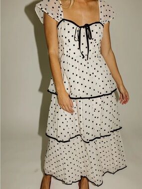 Polka Dot Tiered Midi Dress in Cream and Black